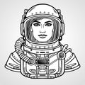 Animation portrait of the young attractive woman of the astronaut in a space suit. Royalty Free Stock Photo