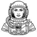 Animation portrait of the young attractive woman of the astronaut in a space suit. Royalty Free Stock Photo