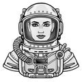 Animation portrait of the young attractive woman of the astronaut in a space suit. Royalty Free Stock Photo