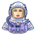 Animation portrait of the young attractive woman of the astronaut in a space suit.