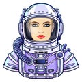 Animation portrait of the young attractive woman of the astronaut in a space suit. Royalty Free Stock Photo