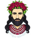 Animation portrait of the young bearded man with long hair in a wreath of roses.