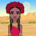 Animation portrait of the young beautiful African woman with Afro hair and wreath of blue roses.