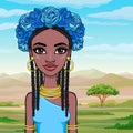 Animation portrait of the young beautiful African woman with Afro hair and wreath of blue roses.