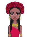 Animation portrait of the young beautiful African woman with Afro hair and wreath of red roses. Royalty Free Stock Photo