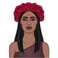 Animation portrait of the young beautiful African woman with long black hair and wreath of red roses. Royalty Free Stock Photo