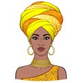 Animation portrait of the young beautiful African woman in a turban.