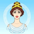 Animation portrait of the young beautiful Greek woman in ancient clothes. Decorative circle. Royalty Free Stock Photo