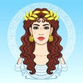 Animation portrait of the young beautiful Greek woman in ancient clothes in a laurel wreath. Decorative circle.