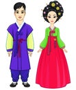 Animation portrait of young beautiful Korean family in ancient traditional clothes. Full growth.