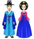 Animation portrait of young beautiful Korean family in ancient traditional clothes. Full growth.