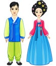 Animation portrait of young beautiful Korean family in ancient traditional clothes. Full growth.