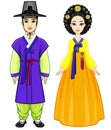 Animation portrait of young beautiful Korean family in ancient traditional clothes. Full growth.