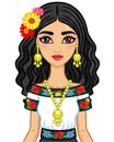 Animation portrait of the young beautiful Mexican girl in ancient clothes.