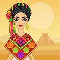 Animation portrait of the young beautiful Mexican girl in ancient clothes. Background - a mountain landscape, an Indian pyramid.