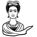 Animation portrait of the young beautiful mexican woman with a traditional hairstyle.