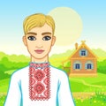 Animation portrait of the young Belarusian man in traditional clothes. Fairy tale character.