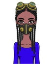 Animation portrait of a young black woman In protective leather mask and steampunk glasses.