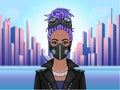Animation portrait of a young black woman In protective leather mask and steampunk glasses.