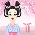 Animation portrait of the young Japanese girl with an ancient hairstyle. Geisha, Maiko, Princess.