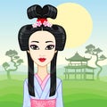 Animation portrait of the young Japanese girl an ancient hairstyle. Geisha, Maiko, Princess.