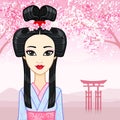 Animation portrait of the young Japanese girl with an ancient hairstyle. Geisha, Maiko, Princess.