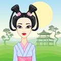 Animation portrait of the young Japanese girl an ancient hairstyle. Geisha, Maiko, Princess.