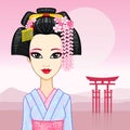 Animation portrait of the young Japanese girl an ancient hairstyle. Geisha, Maiko, Princess.