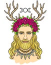 Animation portrait of the young man in a wreath with deer horns. Pagan god Cernunnos.