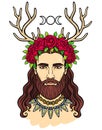 Animation portrait of the young man in a wreath with deer horns. Pagan god Cernunnos. Royalty Free Stock Photo