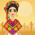 Animation portrait of the young Mexican girl in ancient clothes. A background - the desert with cactus.