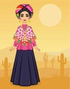 Animation portrait of the young Mexican girl in ancient clothes. Full growth.