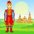 Animation portrait of the young Russian man in rich ancient clothes. Full growth.