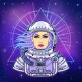 Animation portrait of the young woman astronaut in an open space suit. Royalty Free Stock Photo