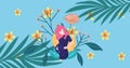 Animation of pregnant woman over moving flowers and leaves on blue background