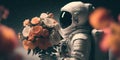 Animation of realistic astronaut with beautiful bouquet flowers in hands. Surreal concept