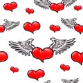 Animation red heart with wings. Seamless pattern.
