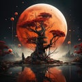 Animation of a red moon over a small tree house Royalty Free Stock Photo