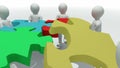 Animation representing a group of 3d men doing a clourful puzzle