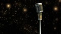 Animation of rerto microphone over christmas star falling on black background