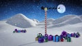 Animation of santa claus in sleigh with reindeer over north pole, christma presents and moon
