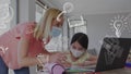 Animation of school icons over caucasian woman and her daughter wearing face masks using laptop