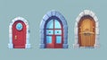 This animation shows a cartoon door opening motion sequence. It includes closed, slightly ajar and open wooden red Royalty Free Stock Photo