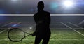 Animation of silhouette of female tennis player with racket on tennis court