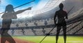 Animation of silhouette of javelin throwers over sports stadium