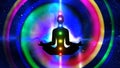 Silhouette of a seven chakra meditation person on a spiral background