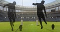 Animation of silhouettes of male rugby players over sports stadium