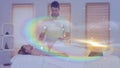 Animation of stars and galaxy moving over caucasian man doing massage to female customer