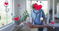 Animation of sthetoscope with heart over caucasian nurse and patient exercising