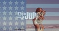 Animation of 4th july text, american flag, african american, african american man piggybacking woman